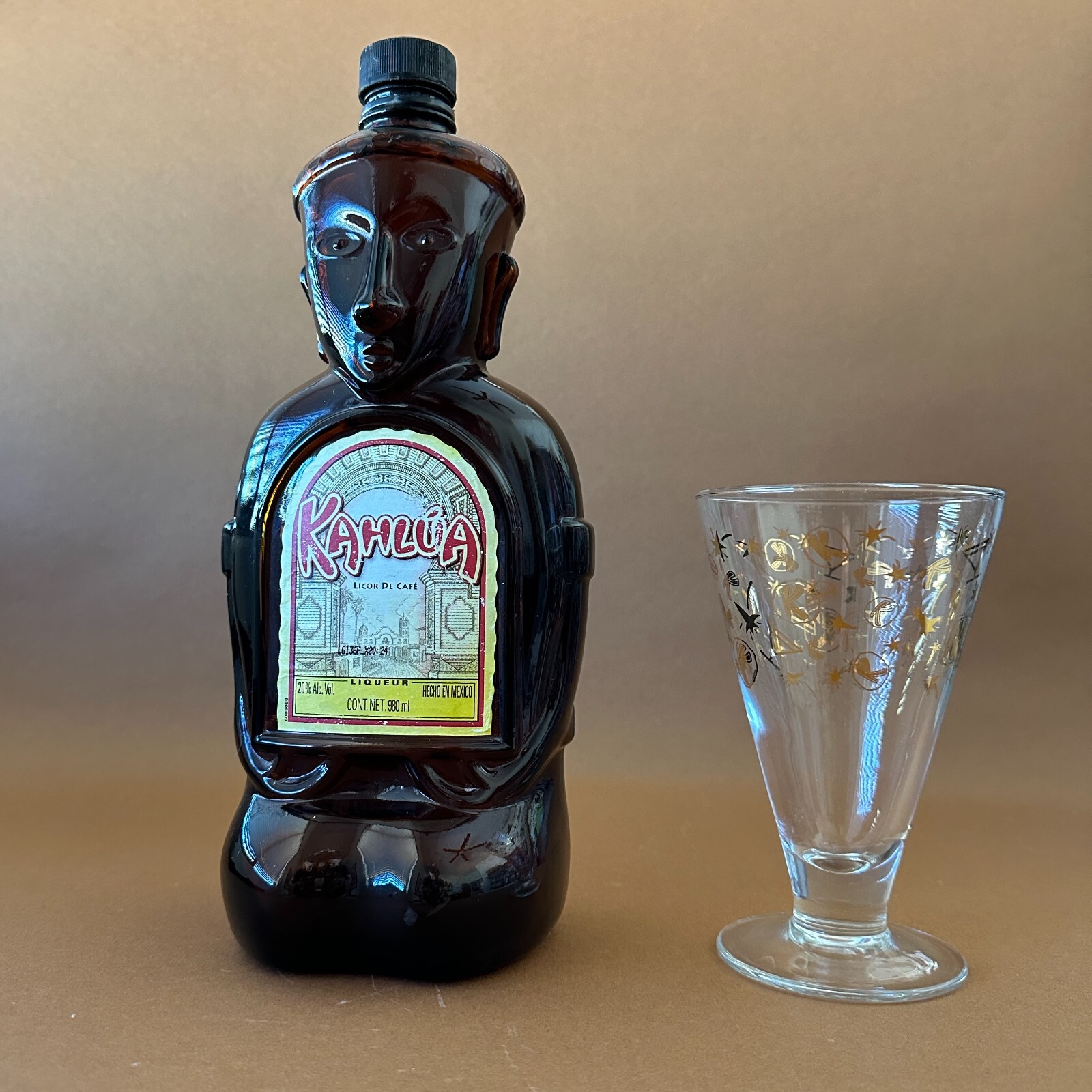 Kahlua Glass Tiki Liquor Bottle Heritage Ed., 980 ML Empty, 1950s Mudslide Glass