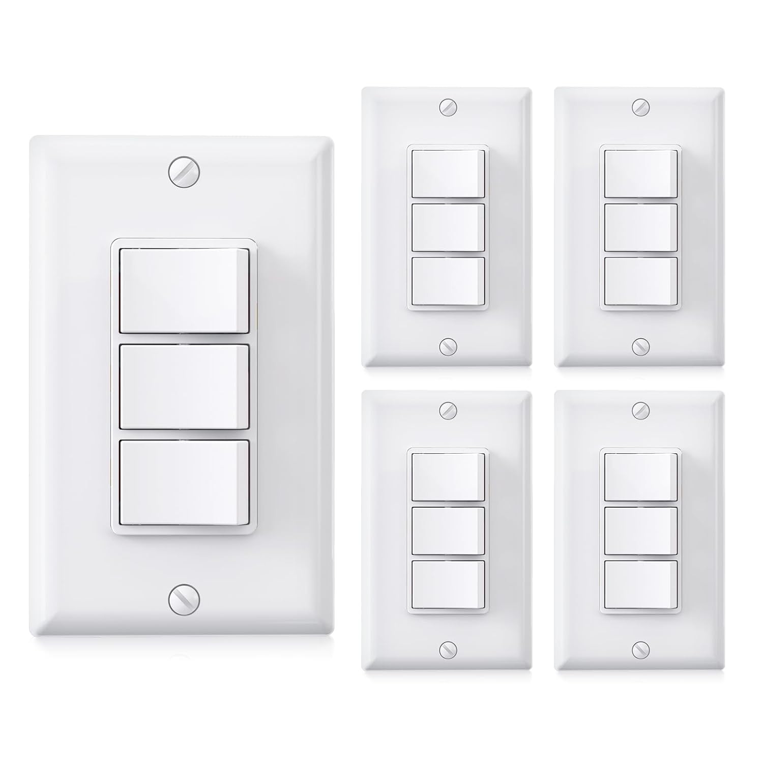 Single Pole Triple Paddle Rocker Decorator Light Switch, 15 Amp Self-Grounding E