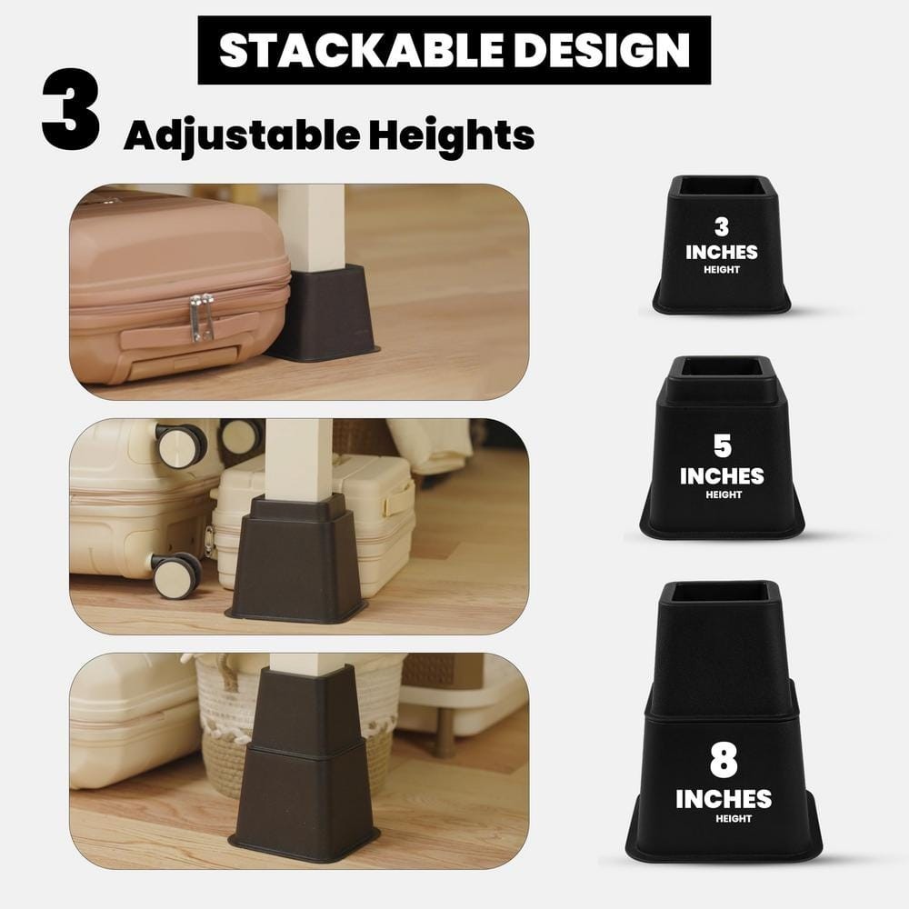 Black Adjustable Bed Furniture Risers, Supports up to 1300 lbs, Set of 4