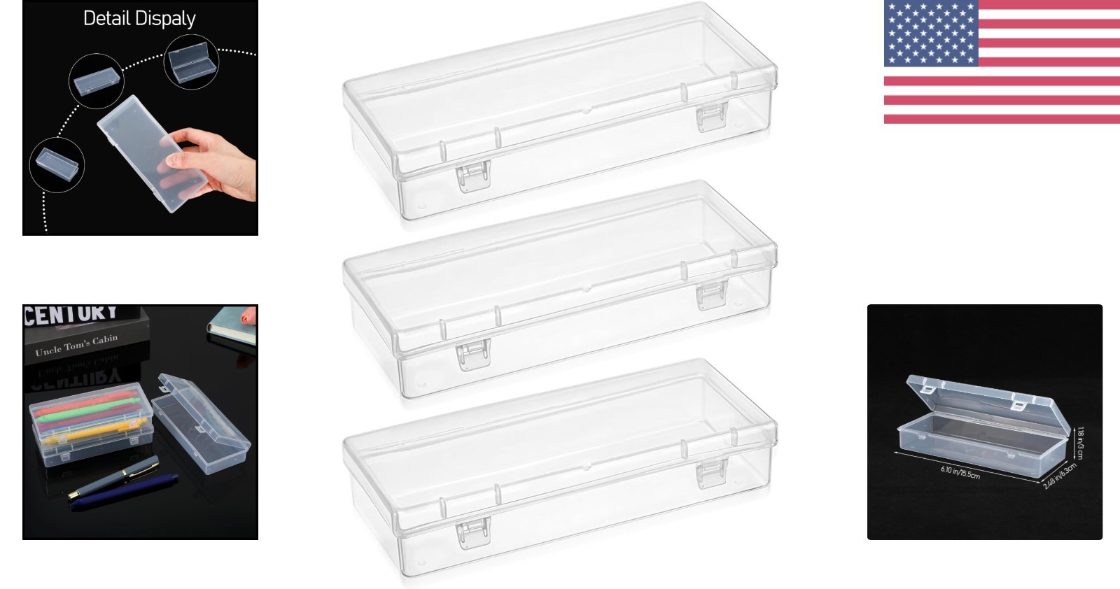 Small Rectangle Storage Containers 3pcs with Hinged Lid for Beads and Crafts