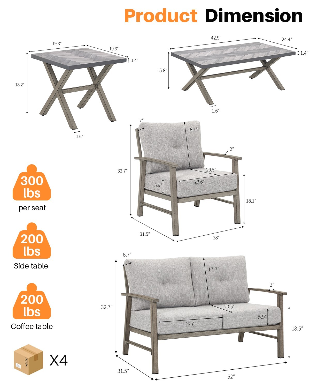 SeeHill 4 Pieces Outdoor Aluminum Patio Furniture Set Limed Oak Sofa Couch Set