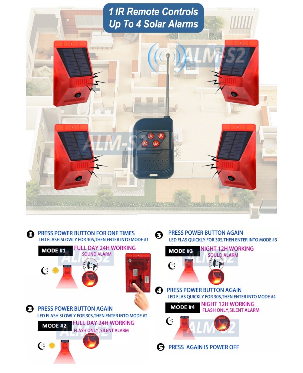 Motion Security Entrance Alarm Solar Panel DC 5V Power Red Strobe Light