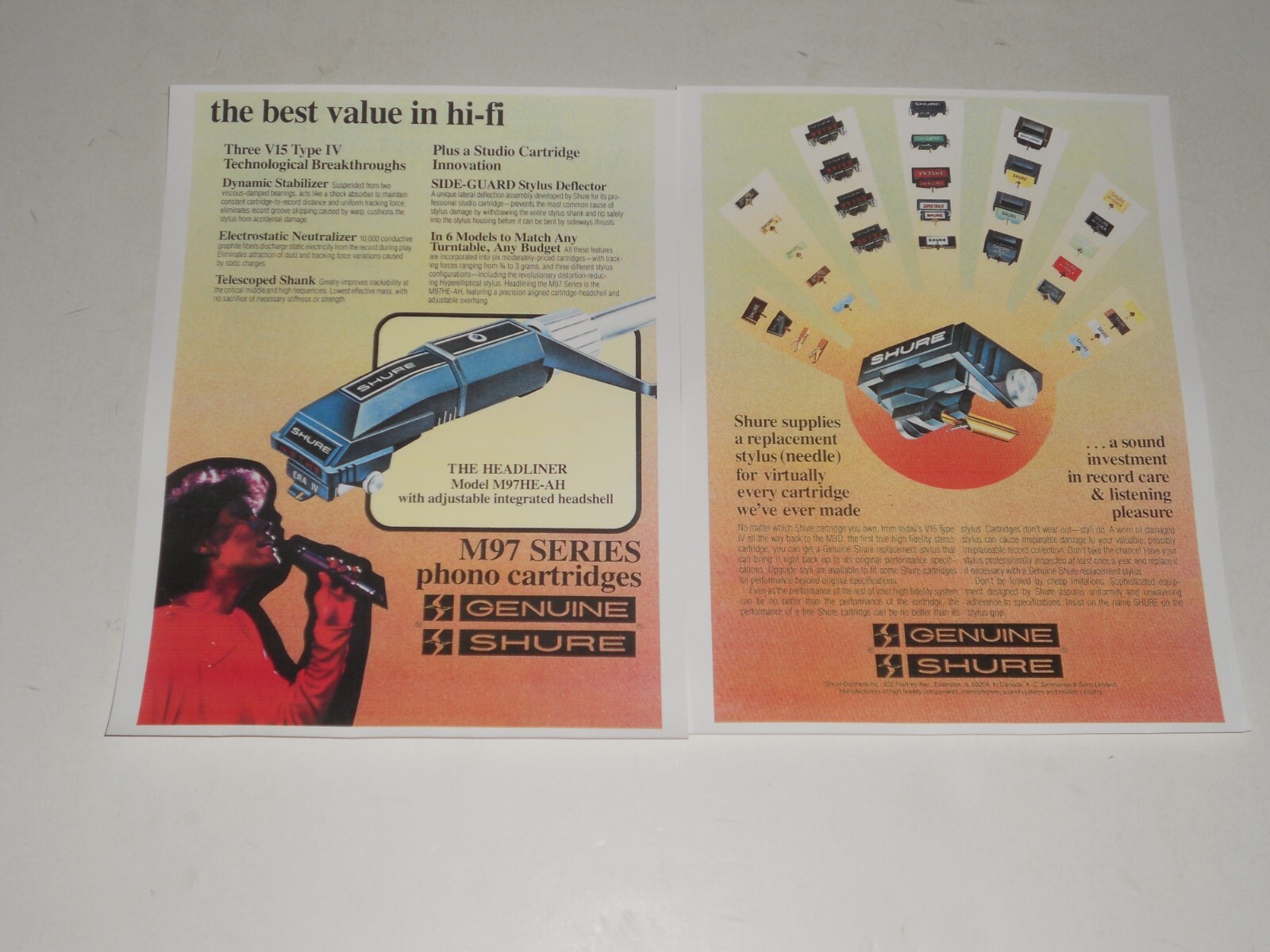 Shure Cartridge Ad, 1979, 2 pgs, M97, V15 Type IV, M3D, HE-AH Info + Articles