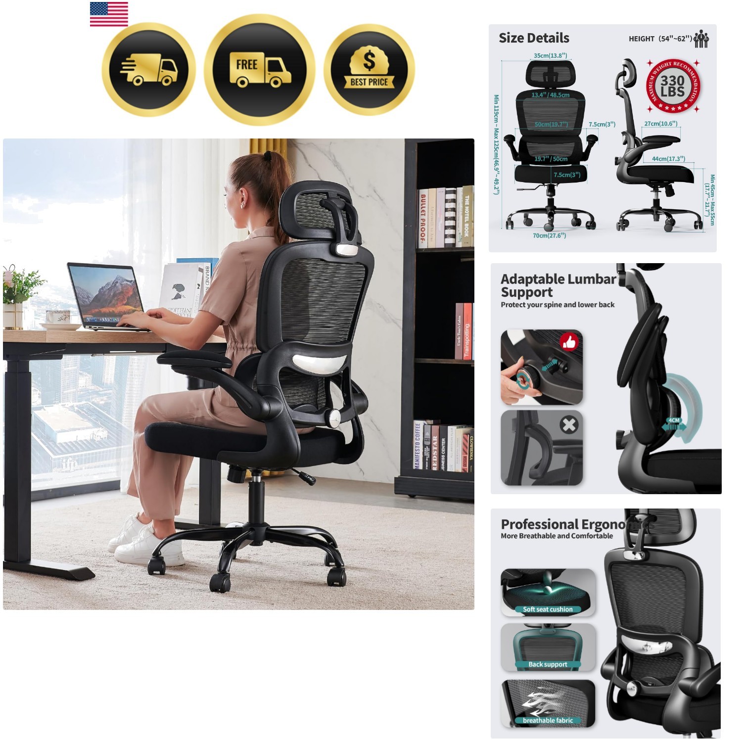 Office Chair Ergonomic Desk Chair Mesh Chair Gaming Chair Black 1pc