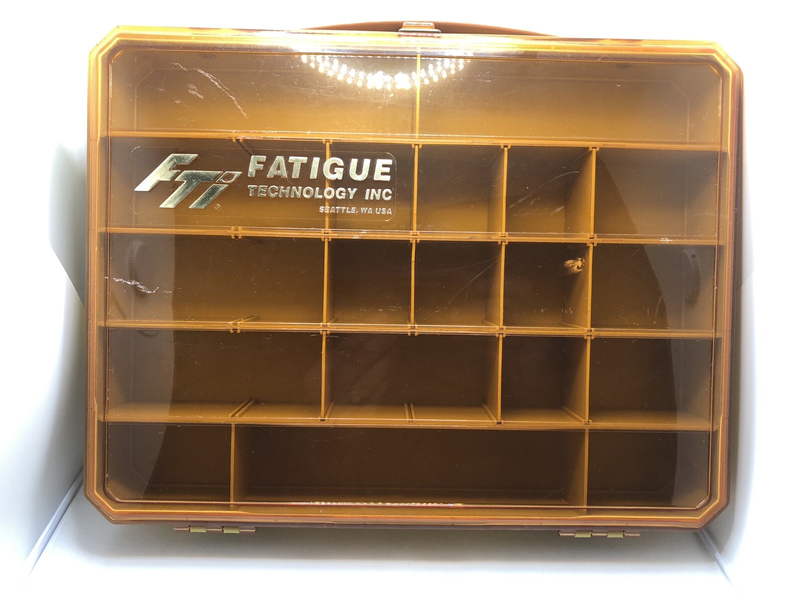Vintage FTI Fatigue Technology Aerospace Factory Parts Case Amber Organizer