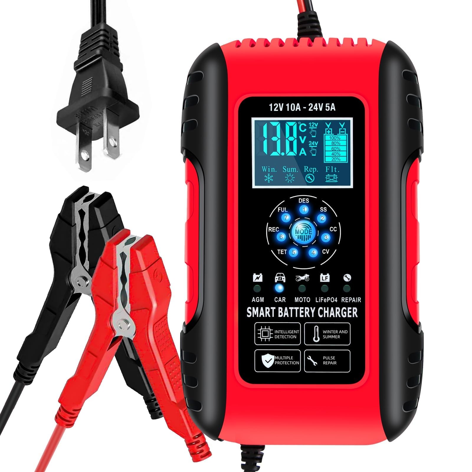 E-FAST Battery Charger 10-Amp 12/24V LiFePO4 Lead Acid Fully Automatic Red
