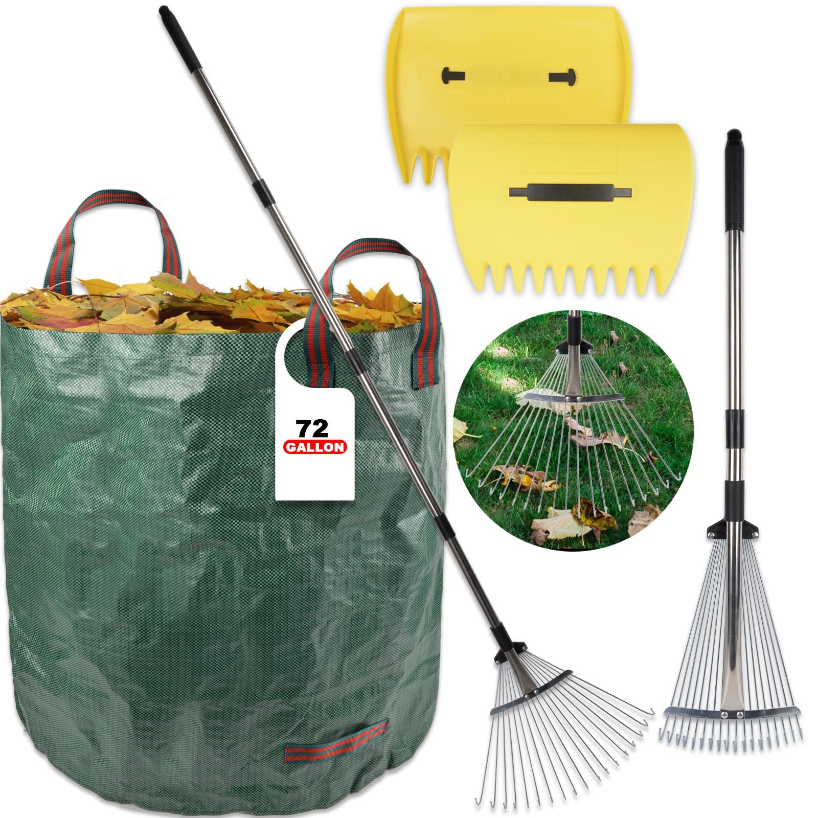 Adjustable 18 Tine Rake Leaf Scoops & 72 Gallon Yard Waste Bag Set