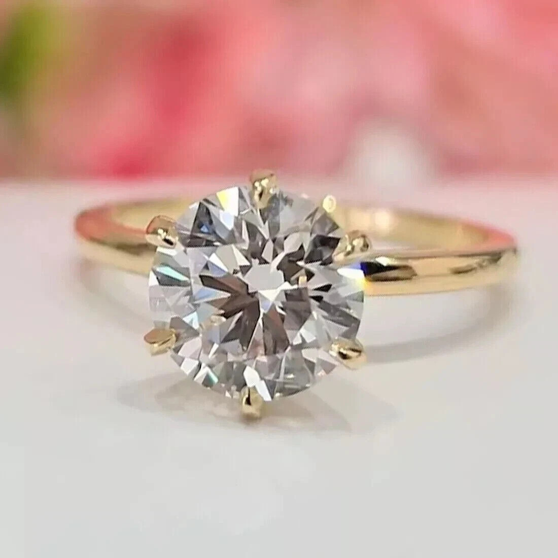 White Moissanite 2.40 Ct Round Cut Prong Engagement Ring 14K Yellow Gold Finish