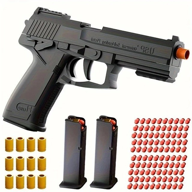 Soft Bullet Gun Toy Pistol 100 Bullets 12 Shells 2 Magazines Sets 21CM *14 CM