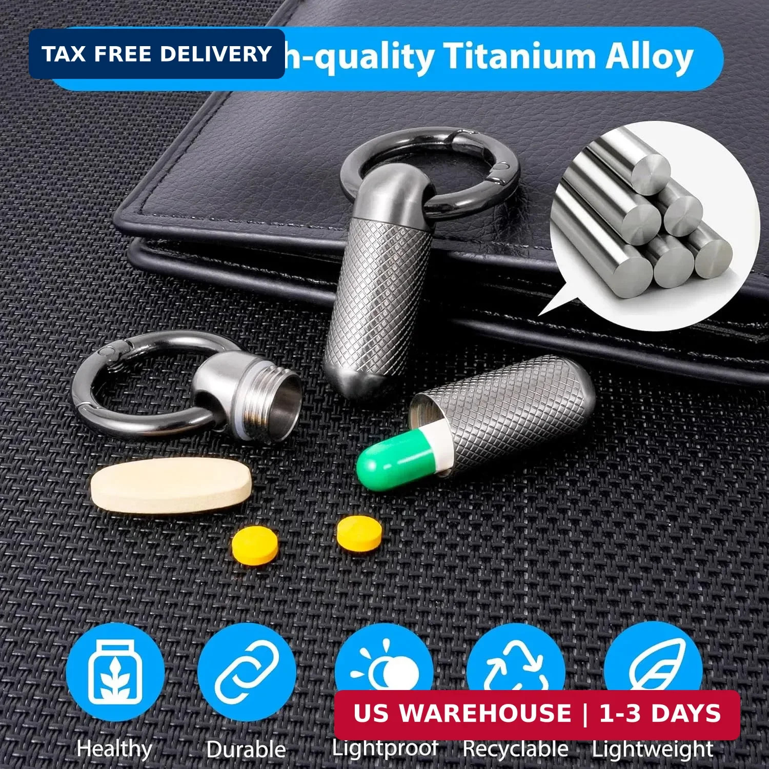 Titanium Keychain Pill Holder,Portable Mini Pill Case, Waterproof Small Pill Con