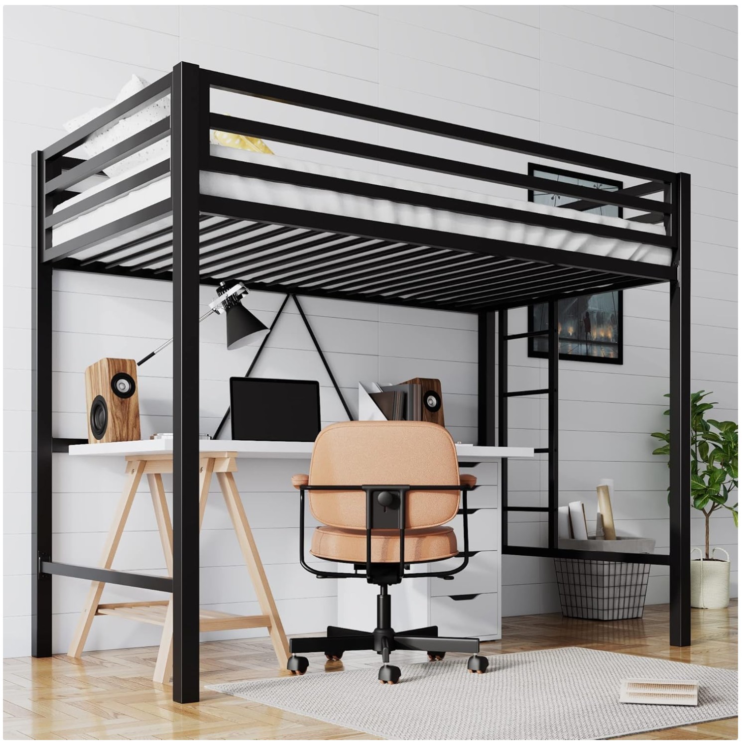 Twin Size Loft Bed with Guardrail, Square Tube Frame-~