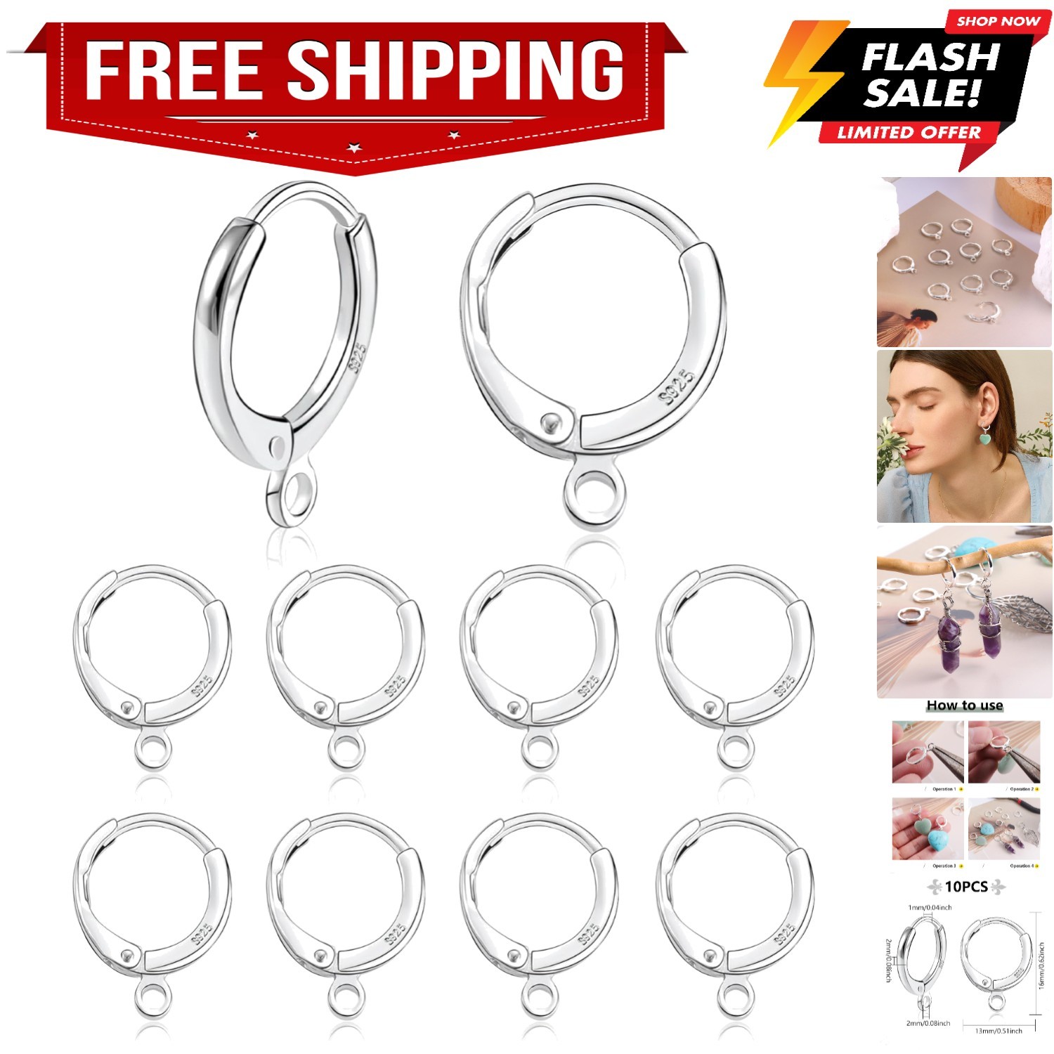 10Pcs Sterling Silver Earring Hooks Round Small Huggie Hoop with Loop Ear Lev...