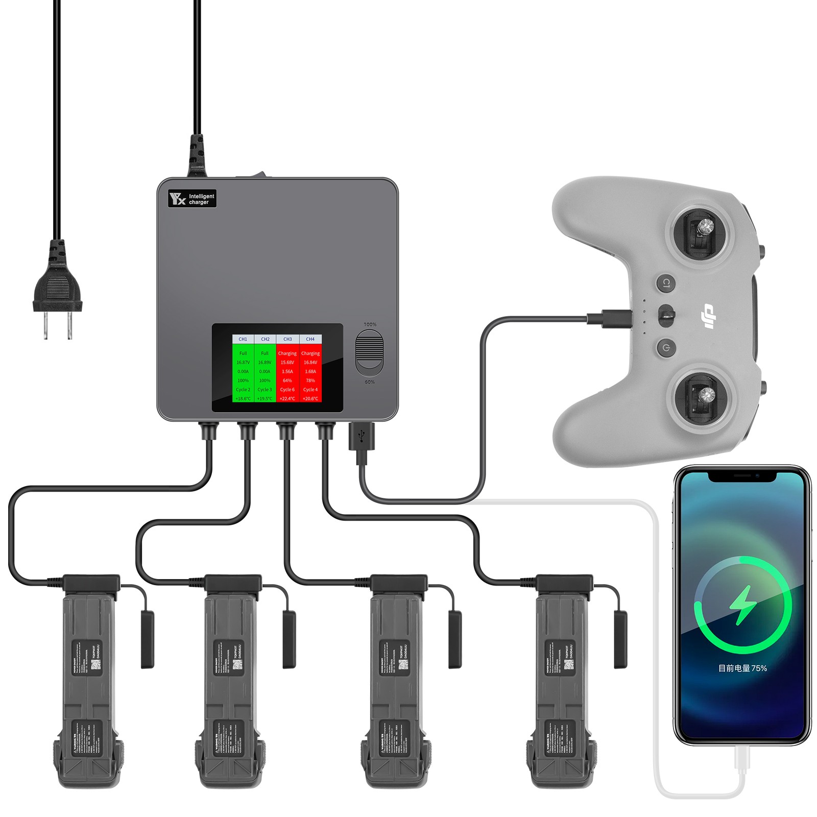 6 in 1 Smart Charging Hub For DJI AVATA 2 Drone Fast Battery Charger Accessories