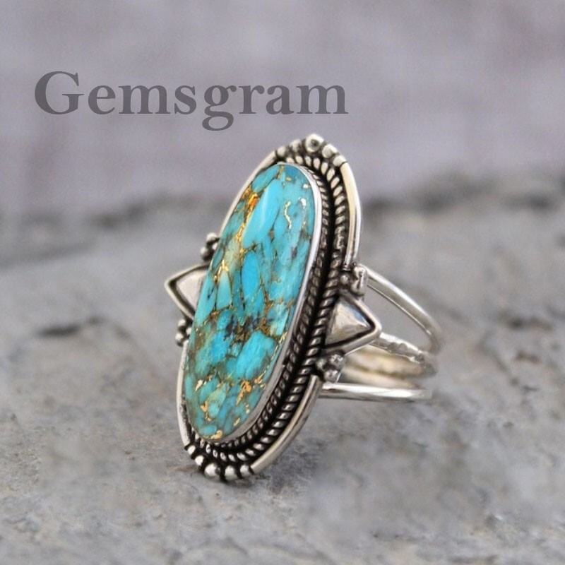 925 Sterling Silver Gemstone Blue Copper Turquoise Handmade Beautiful Women Ring