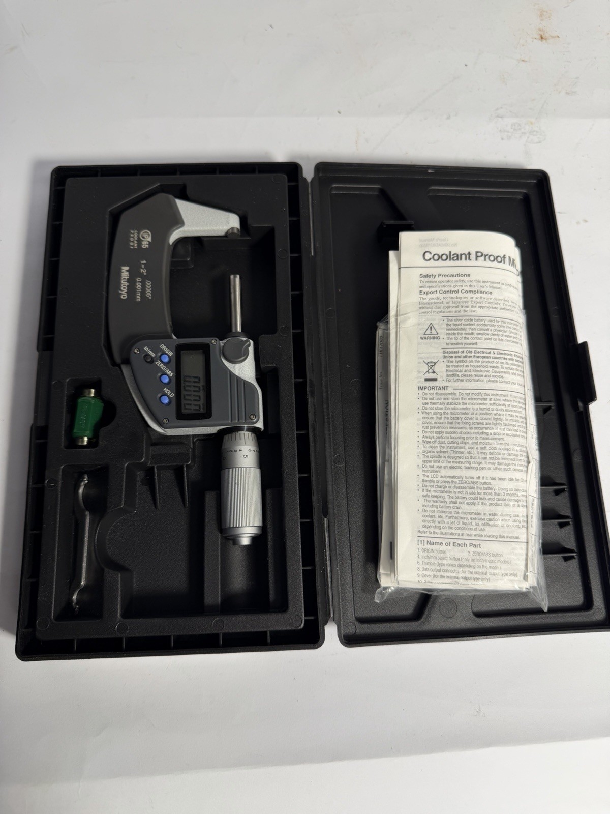 MITUTOYO 293-345 IP65 Digital Micrometer 1-2" .00005" Coolant Proof Japan W Case
