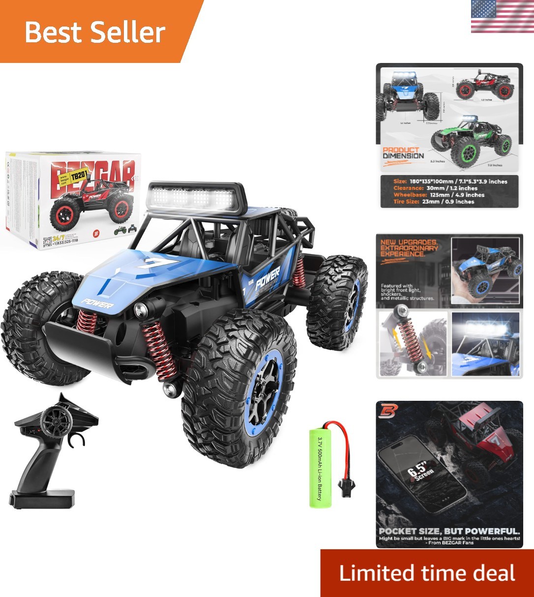 RC Off-Road Monster Truck Crawler - 20 Km/h Speed for Kids 8-12 - Rechargeable