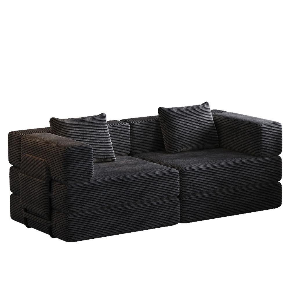 72" Convertible Sofa Bed w/ Storage Pockets & Cushions, Corduroy Fabric