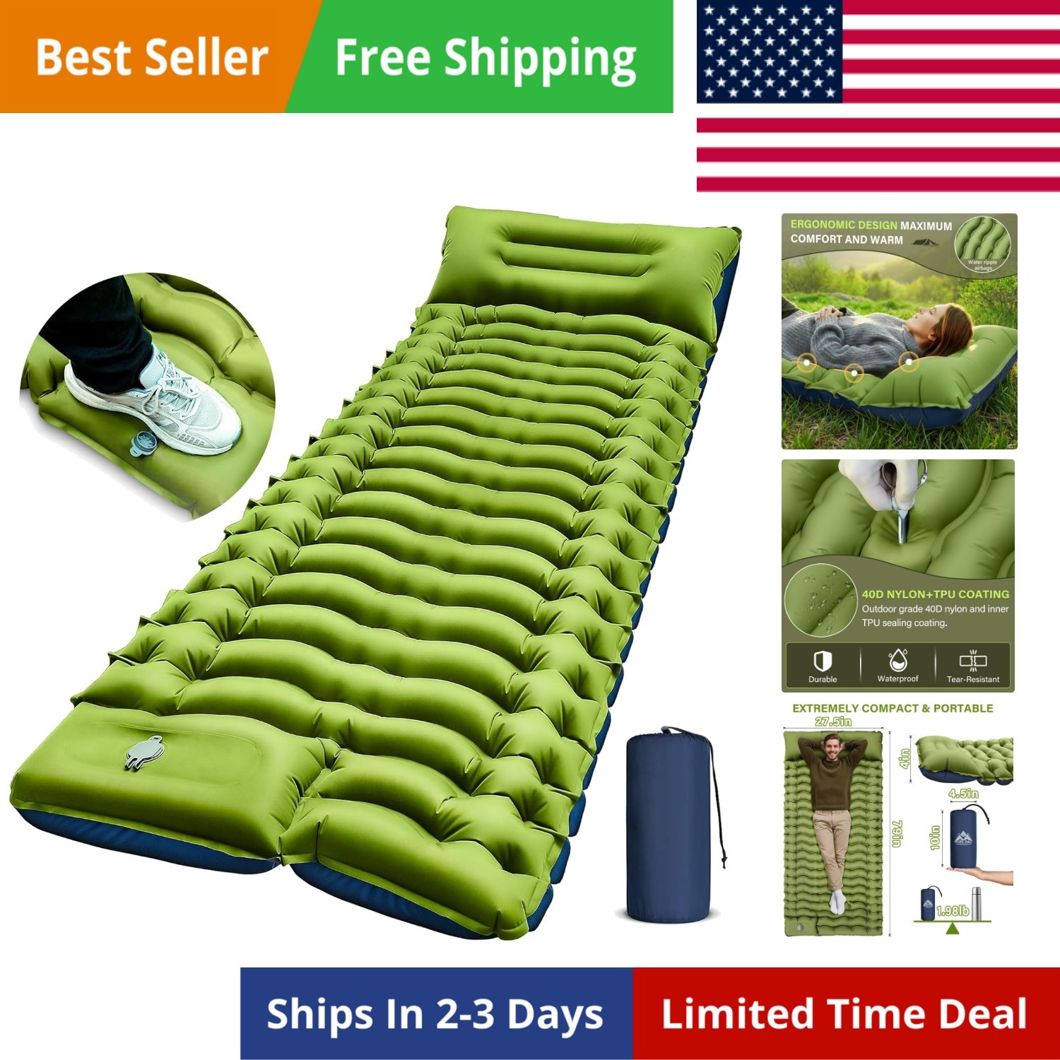Camping Sleeping Pad, Ultralight Camping Mat with Pillow, Built-in Foot Pump ...