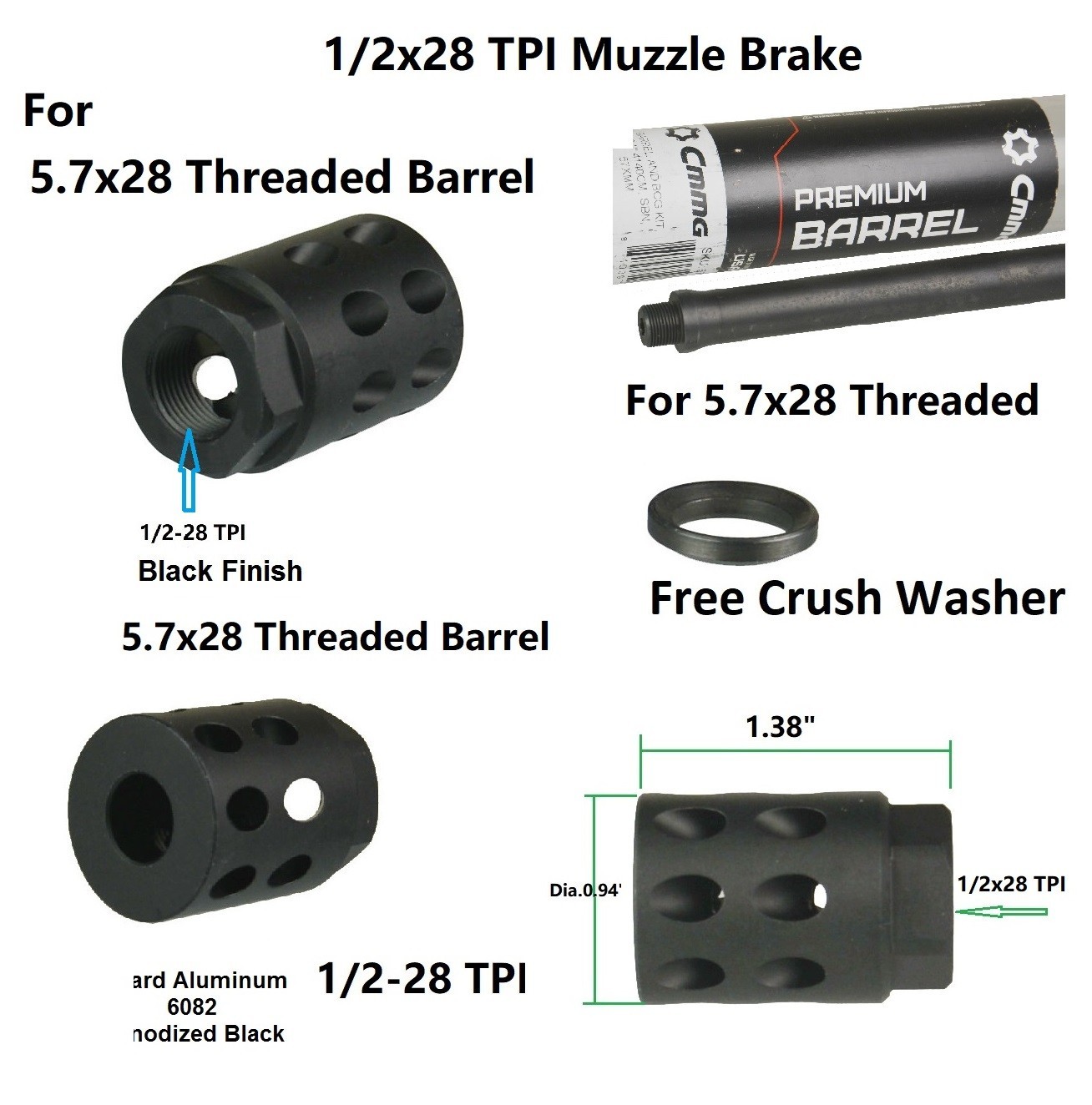 Al Black 1/2x28 1/2-28 TPI Muzzle Brake Compensator For 5.7x28mm Threaded Barrel