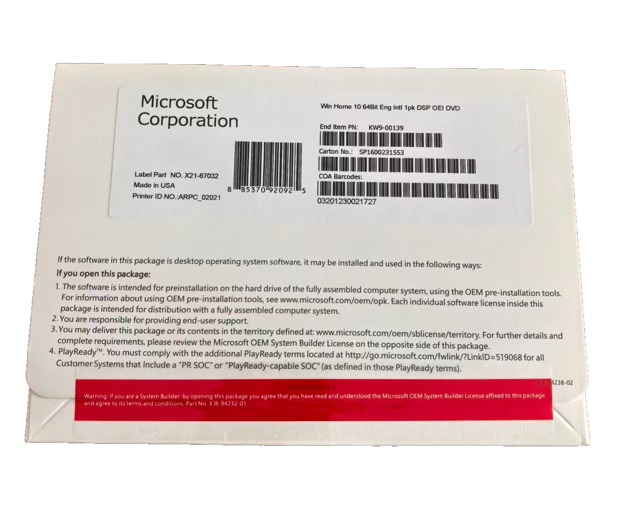 Win 10 Home 64 bit DVD with Product License Key New Sealed & Free Shipping