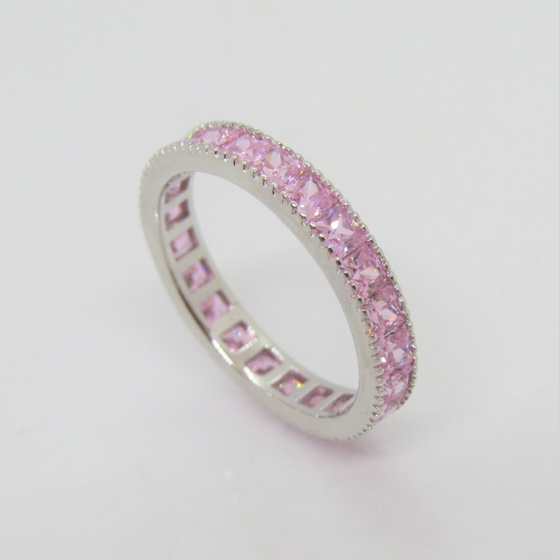 Sterling Silver Princess Pink Sapphire Band Ring.