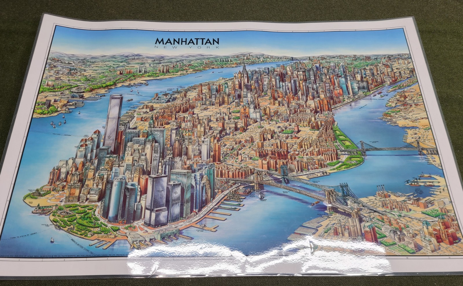 1990 Unique Media Laminated Poster Map Manhattan Named Buildings New York NY