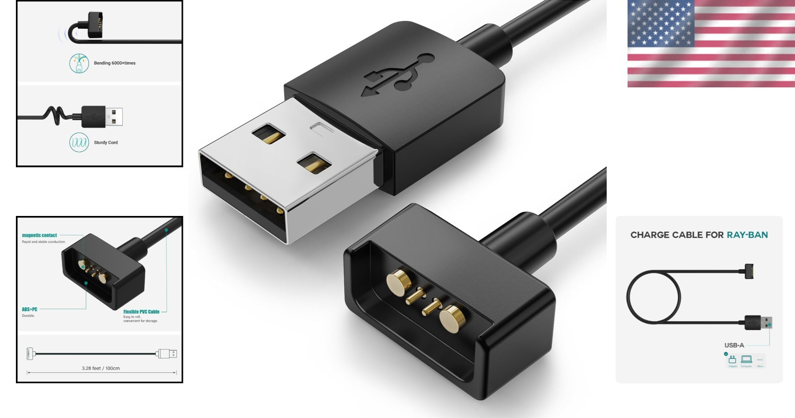 Charger Cable Compatible with Ray-Ban Stories Smart Glasses - 1M