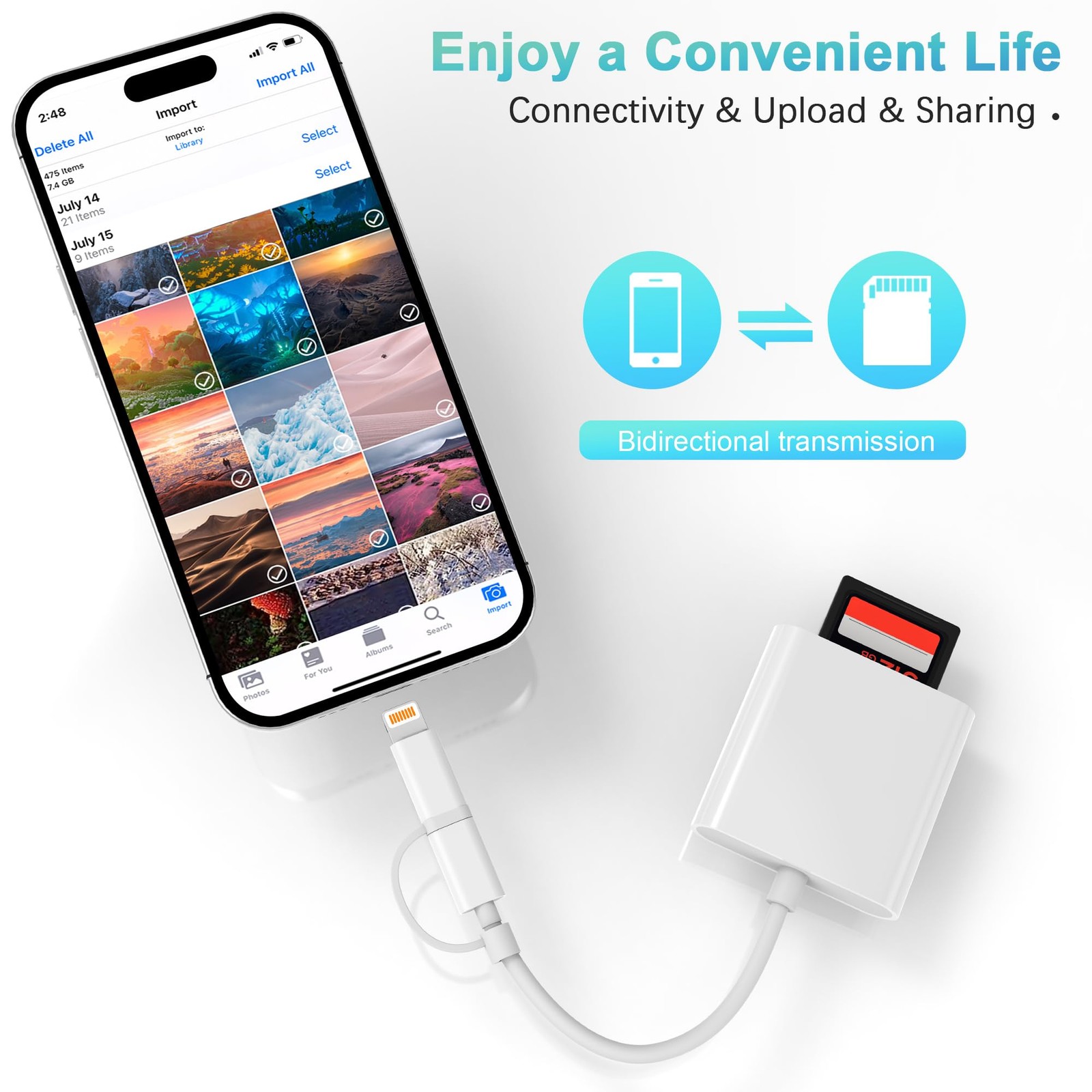 SD Card Reader for iPhone iPad, Dual USB-C Lightning Connector Memory SD Car...