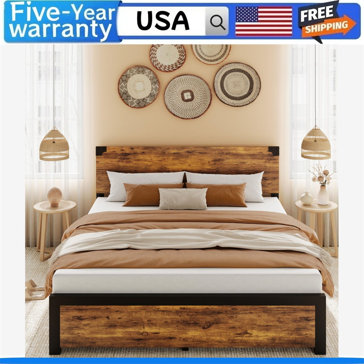 FULL Size Bed Frame with 4 Drawers Platform Metal Bed Frame w/ Wooden Headboar