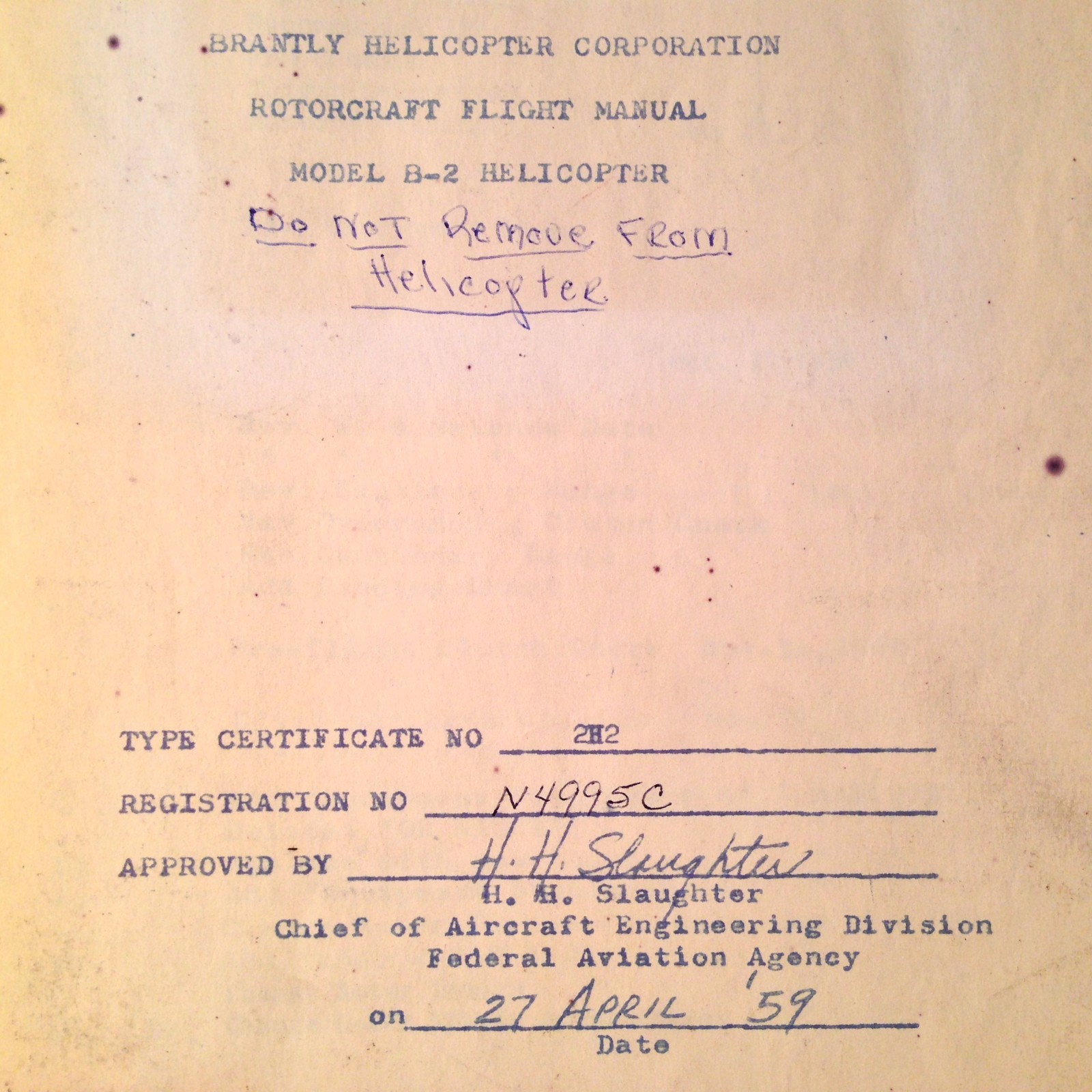 Original Brantly B-2 Helicopter Rotorcraft Flight Manual