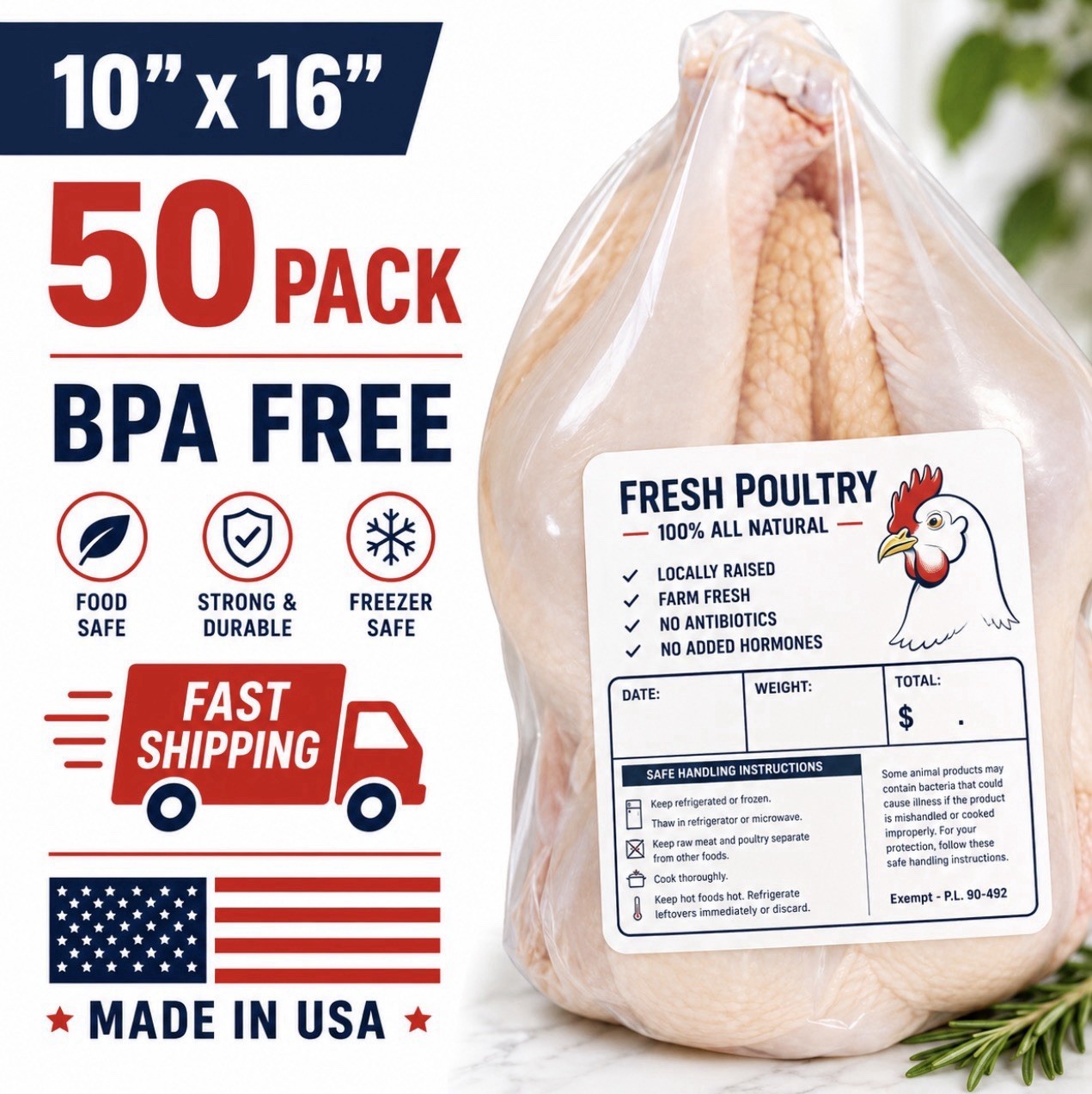 POULTRY SHRINK BAGS 10" X 16" FREEZER SAFE MADE IN THE USA 🇺🇸