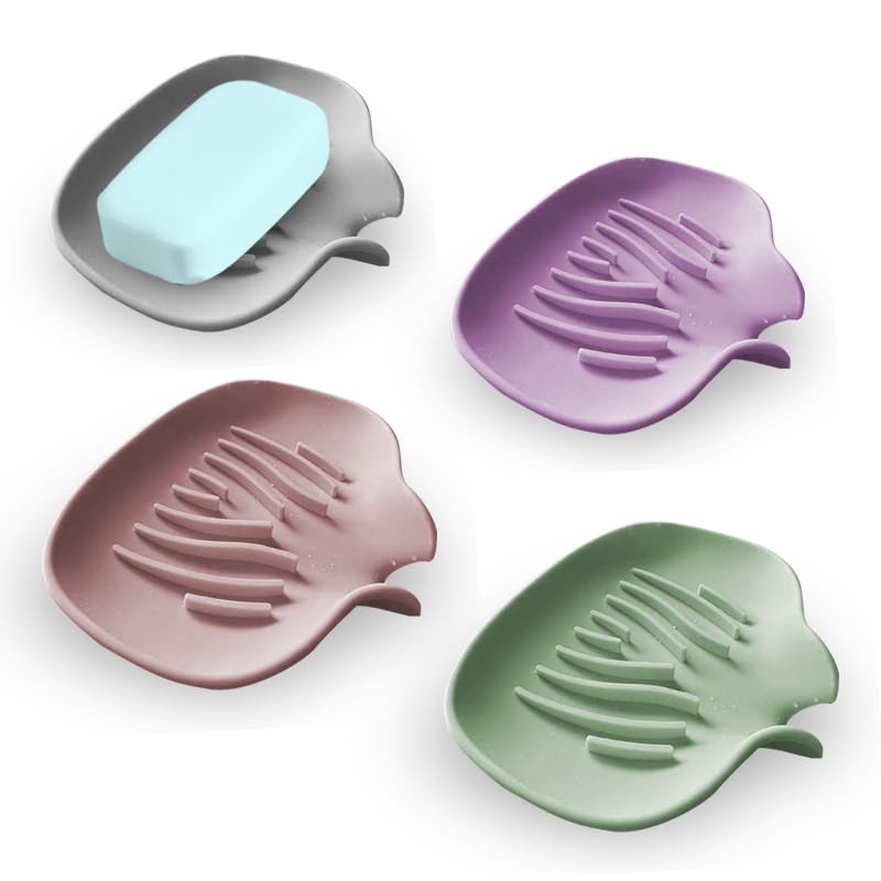 4 Pack Premium Silicone Self-Draining Soap 4 Pack, Grey, Green, Purple, Pink