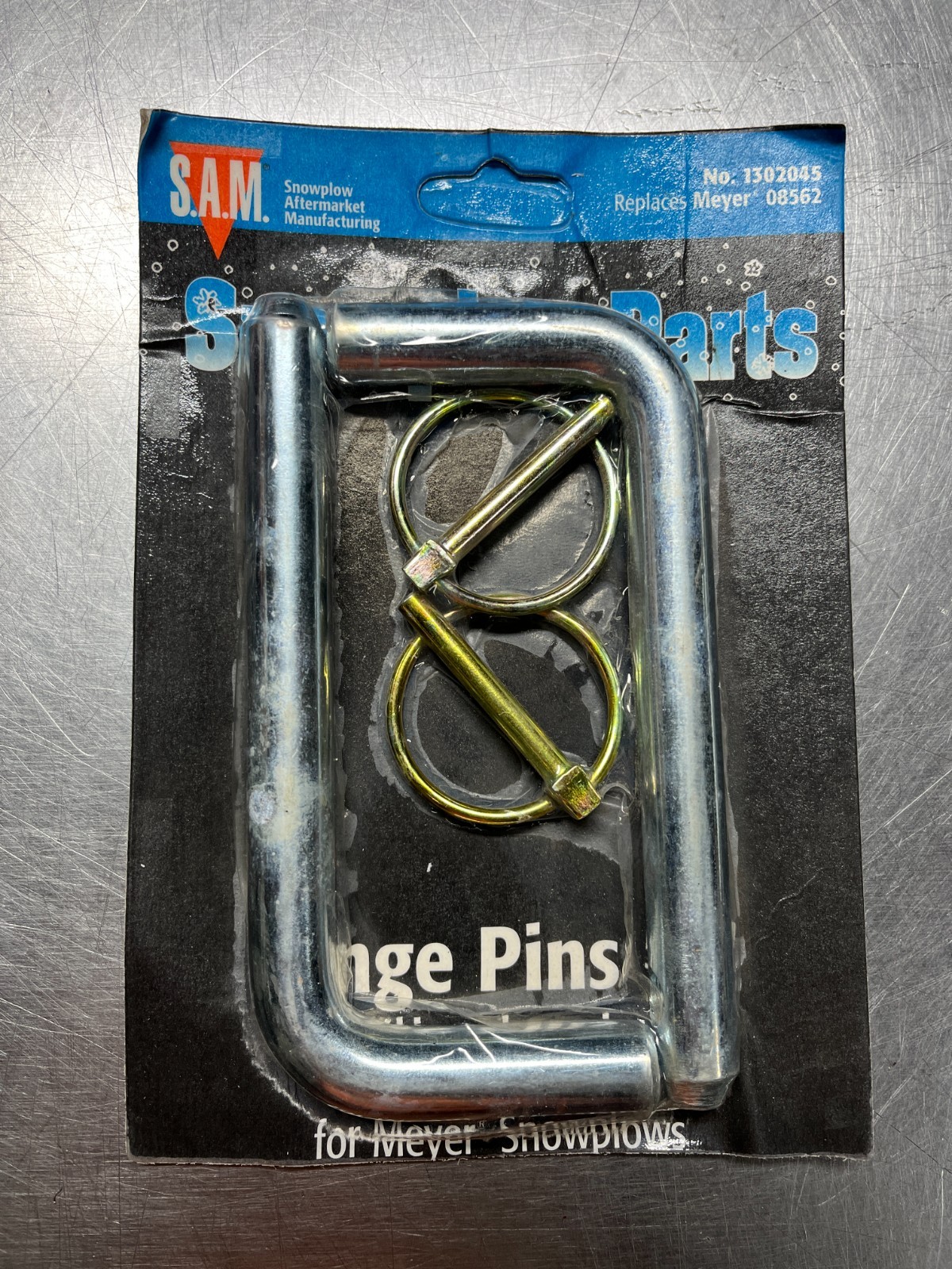 1302045  SAM  5/8" HINGE PIN with Linch Pin  Qty of 2 per package  08562 Meyer
