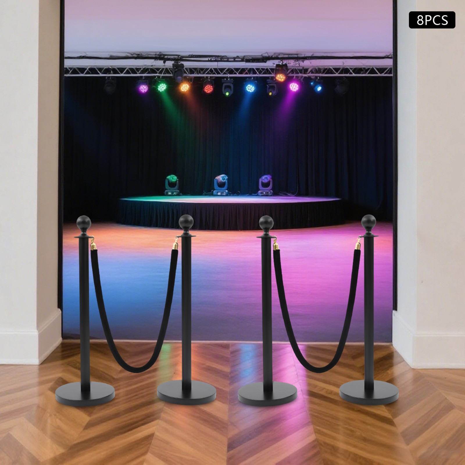 8 PCS Black Stanchion Posts Queue Pole w/ 4 1.5M Ropes Crowd Control Barrier USA