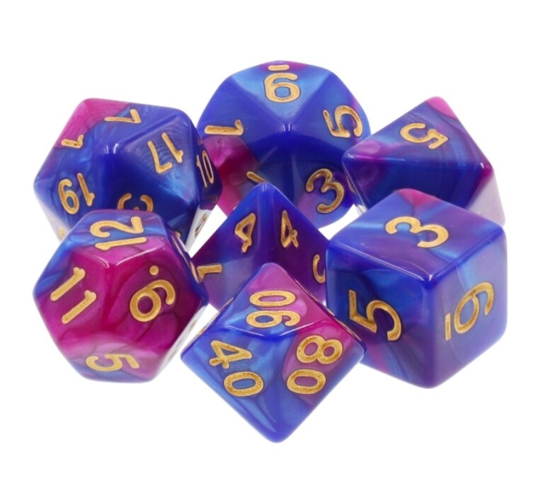 New 7 Piece Purple Blue Gemini Polyhedral Dice Set – Purple Bag – RPG D&D