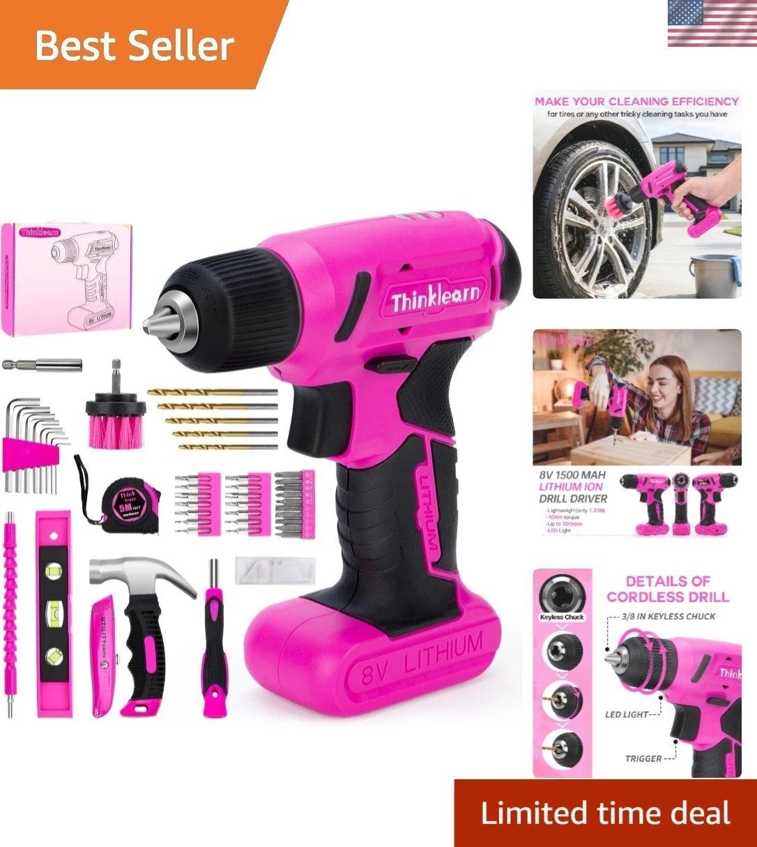 Elegant 8V Pink Cordless Drill with 56 Tools & USB Charger - Perfect Gift