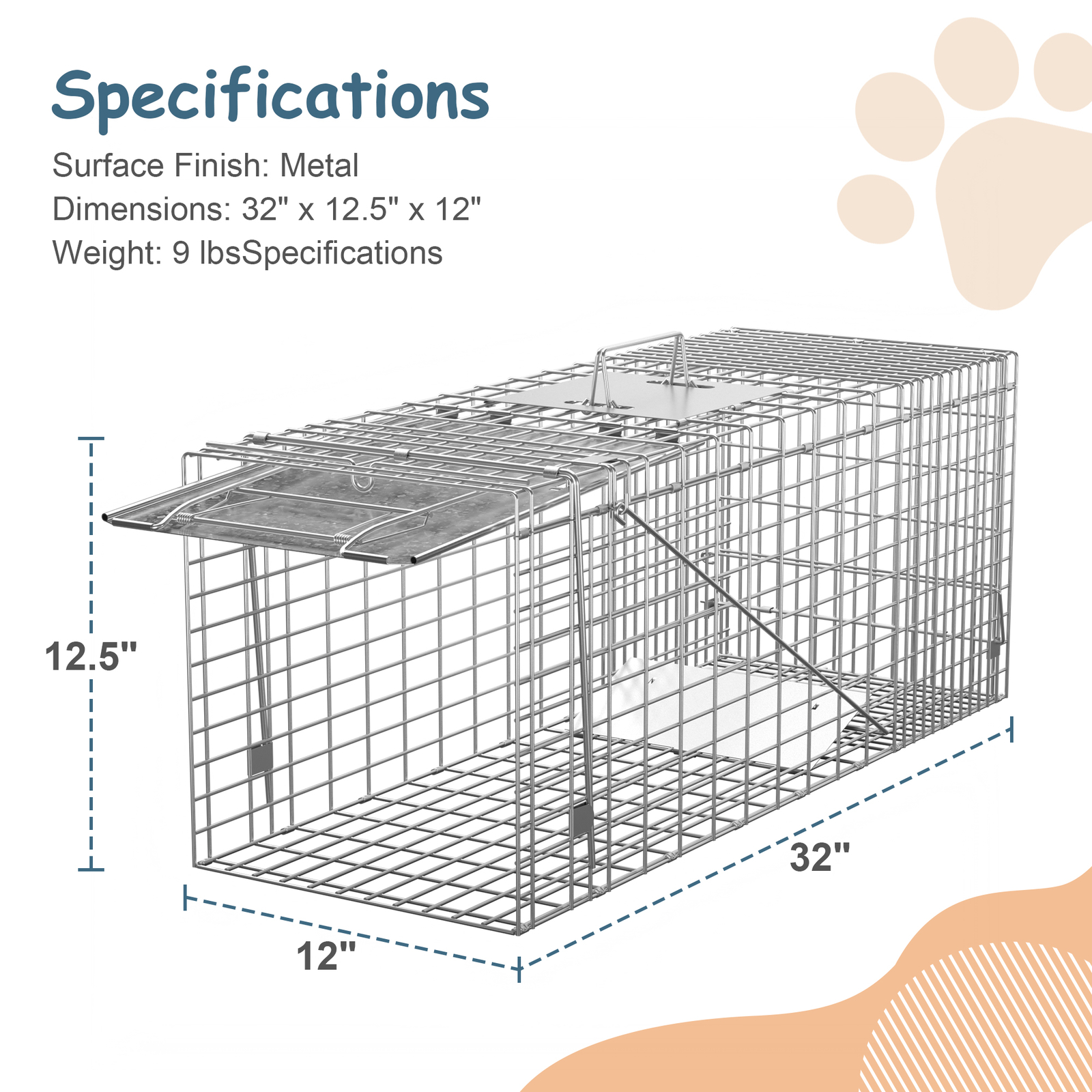 32" Humane Animal Trap Steel Cage for Live Rodent Control Rat Squirrel Raccon