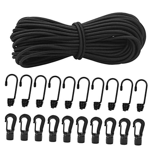 1/8" Bungee Shock Cords with Hooks,65 Feet Elastic 1/4 inch x 65 feet, Black