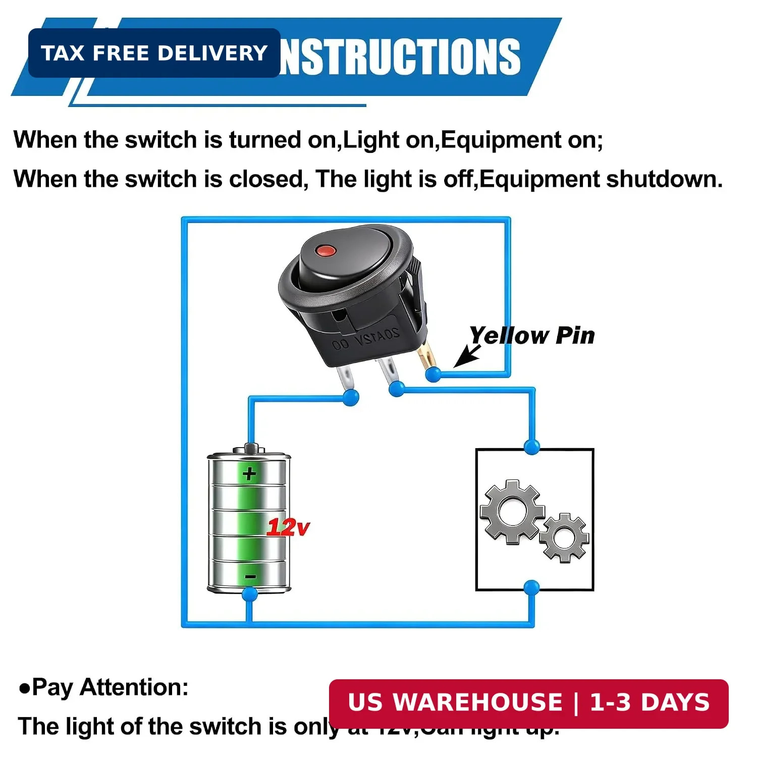 12pcs 12V Lighted Round Rocker Switch Toggle Switch Red LED SPST On-Off