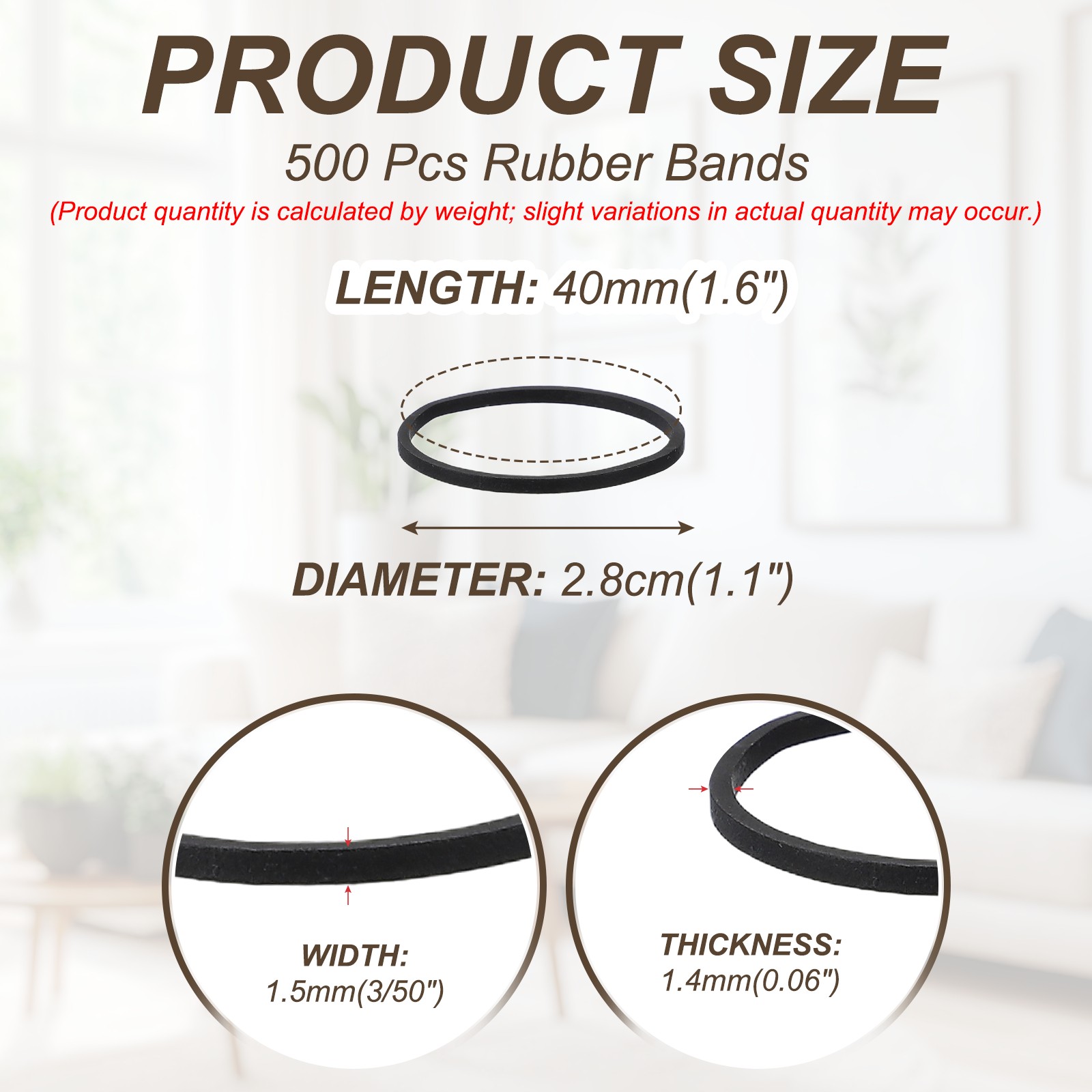 1.6" x 3/50" 500 Pcs Black Elastics Rubber Bands for Office File Folder