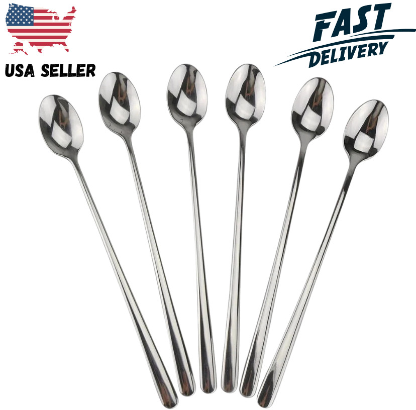 Long Handle Spoon, 9-Inch Iced Teaspoon, Set of 6, 18/10 Stainless Steel