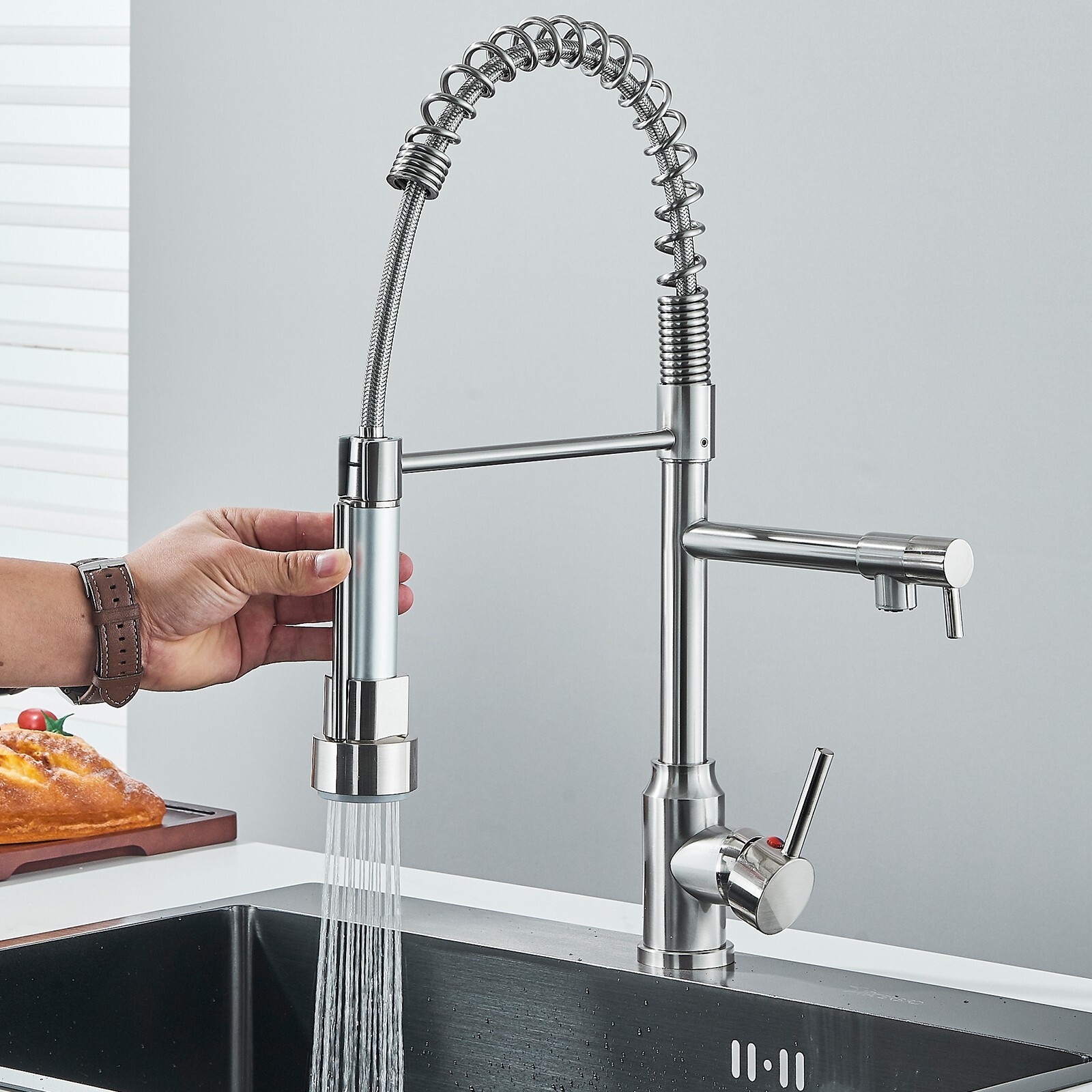 Brushed Nickel Kitchen Faucet with Sprayer Single Handle Pull Down Sink Mixer