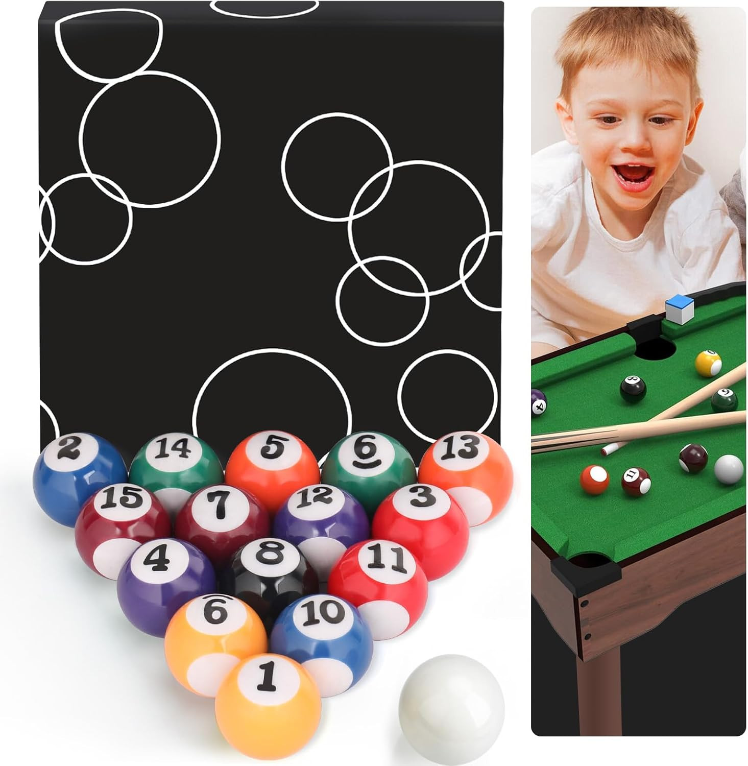 0.98 Inch Mini Billiard Balls Set, 16PCS Kids Pool Balls for Children'S Table, I