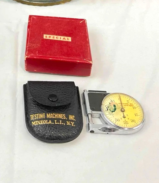 Testing Machine Inc. Vintage Pocket Micrometer Thickness Gauge w/case