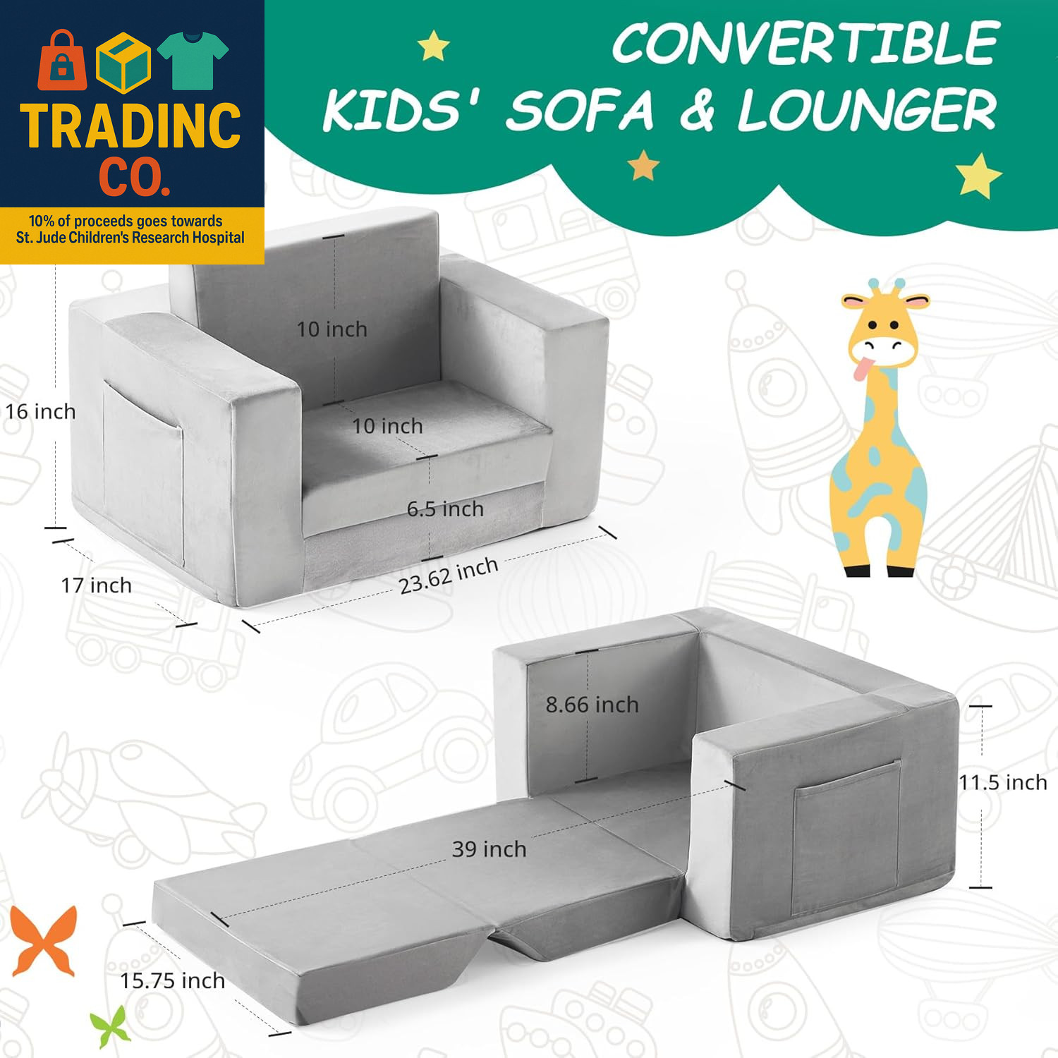 Kids Couch, 2-In-1 Toddler Chair Comfy 1-3 Years Old, Convertible Kids Chair, To