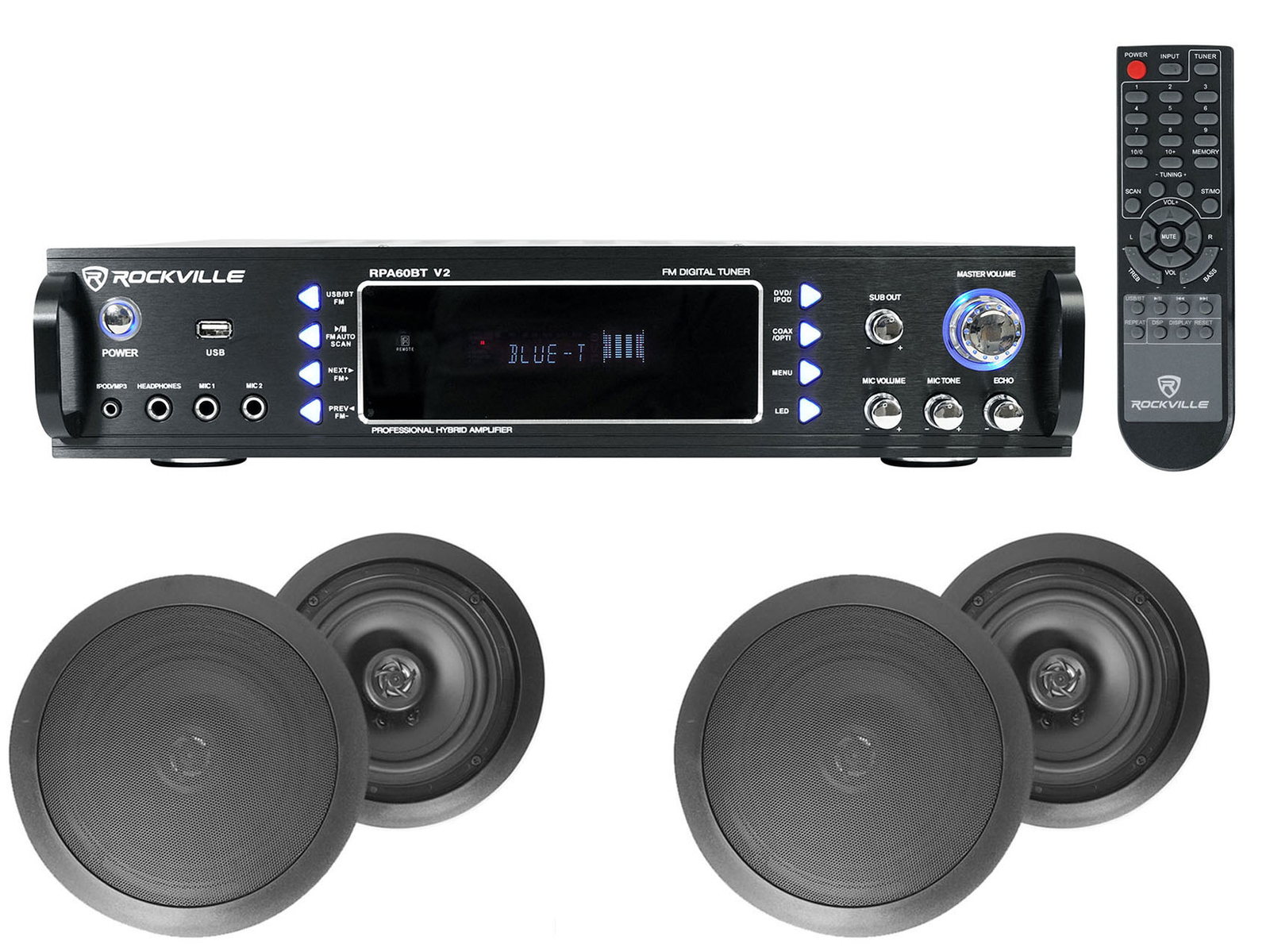RPA60BT 1000w Home Theater Bluetooth Receiver+ (4) Black In-Ceiling Speakers