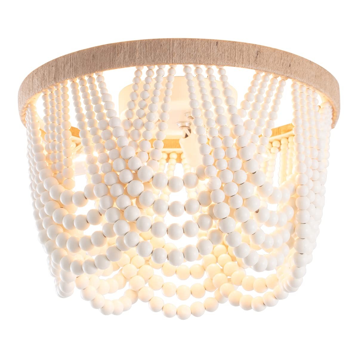 Flush Mount Ceiling Light 3 Wood Beaded Bohemia Antique White VILUXY Rustic Mini