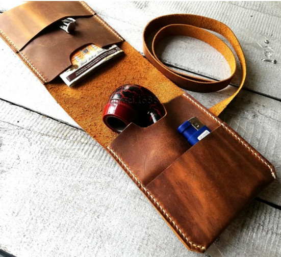 Smoking pipe bag Cigar rod lighter pouch pocket tobacco cow Leather brown H990