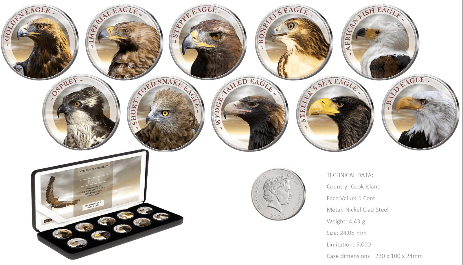 Cook Islands Eagle - Colorized Eagles 10 x 4.43g Coin Set w/Display Box w/COA