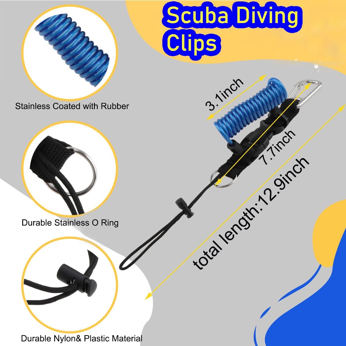 Scuba Diving Lanyard, Heavy Duty Spring Coiled Diving Clips